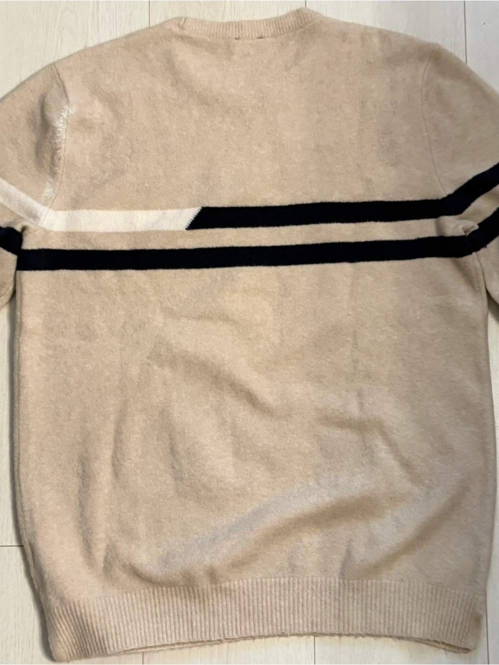 Express Beige Crewneck Sweater with Black and Cream Stripes